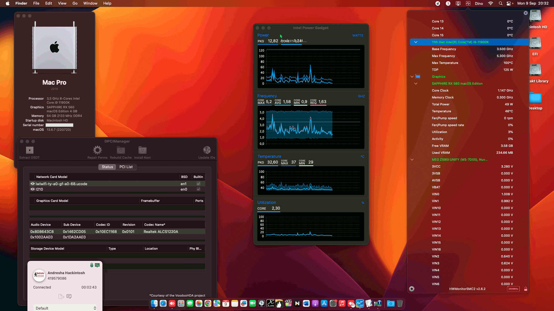 Success Hackintosh macOS Ventura 13.6.7 Build 22G720 in MSI MEG Z590I Unify + Intel Core i9 11900K + Sapphire RX 560